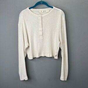 Levis Sunbloom Henley Ribbed Knit Top Shirt S Oversize Cropped Cream Long Sleeve